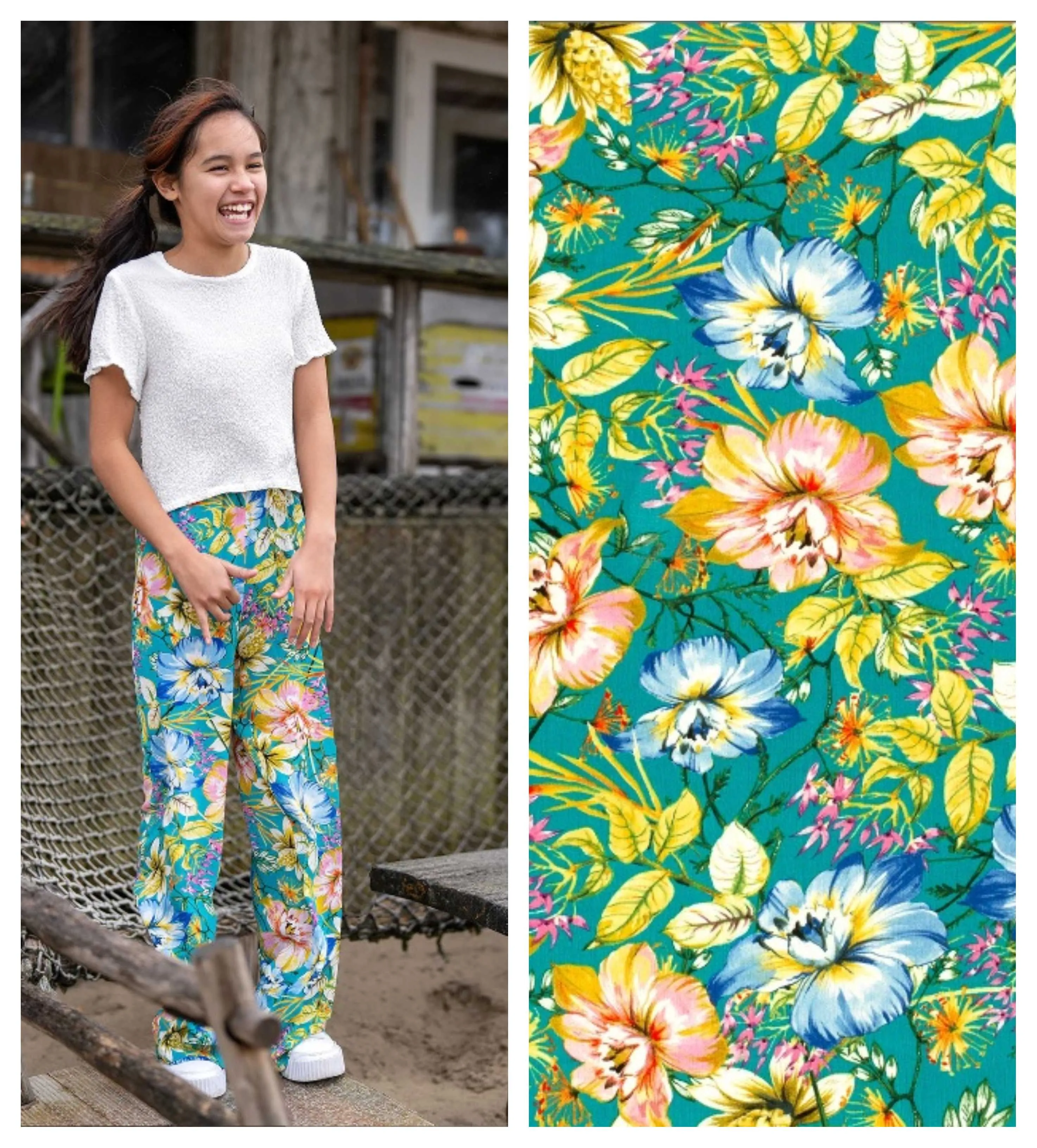 Voordeelpakket viscose groene broek met bloemen - B*Trendy